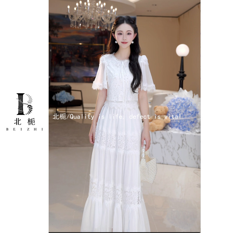 夏季新款-中式绣花蕾丝亮片短款上衣裙子套装 816140