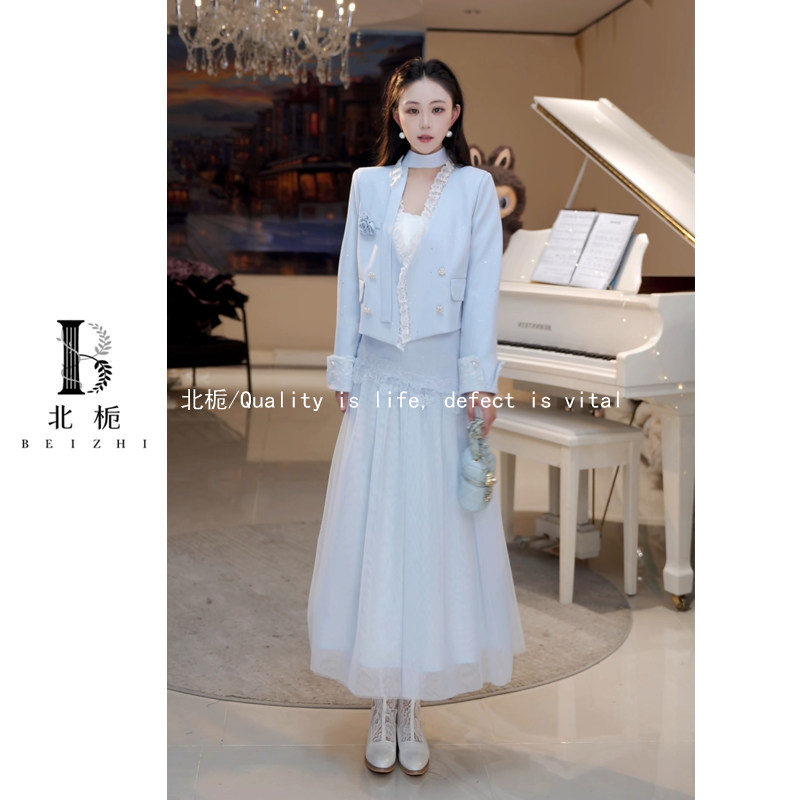 【星蓝晚叙】蕾丝花边V领亮闪长袖外套+半身长裙 816734+816735