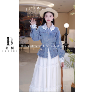 重工贴花翻领牛仔外套褶皱网纱半身裙套装 815947 815948