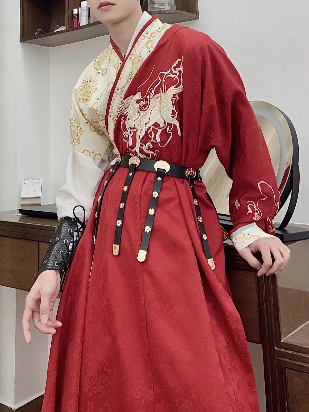 YUYUE SI 의류국 [XINGHUO] 당나라 둥근 목 가운 수 놓은 HANFU 인쇄 반팔 봄과 가을 자카드 좁은 소매 매일