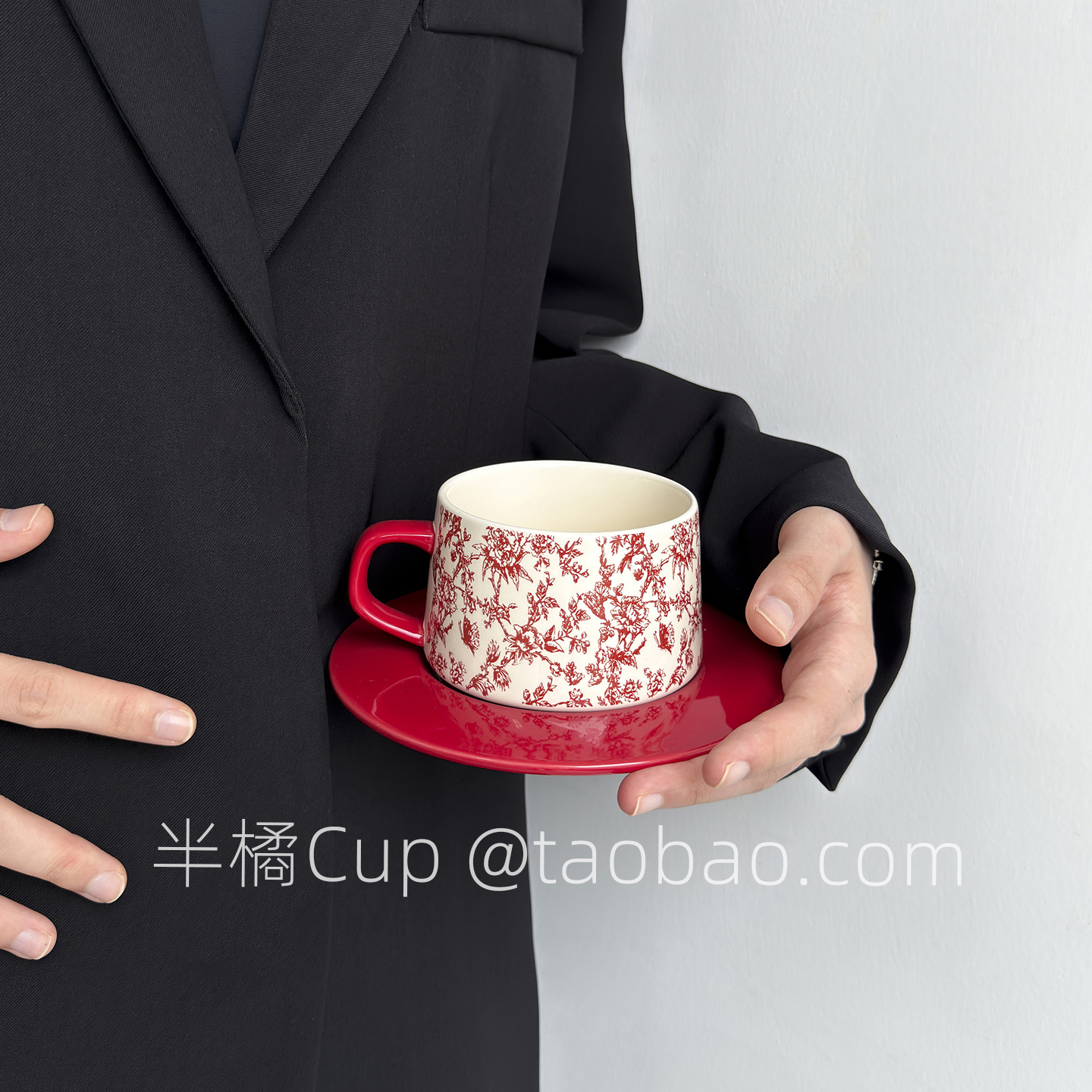 半橘Cup  嫣红碎花蝶儿咖啡杯碟套装精致礼盒装情侣对杯新婚礼物