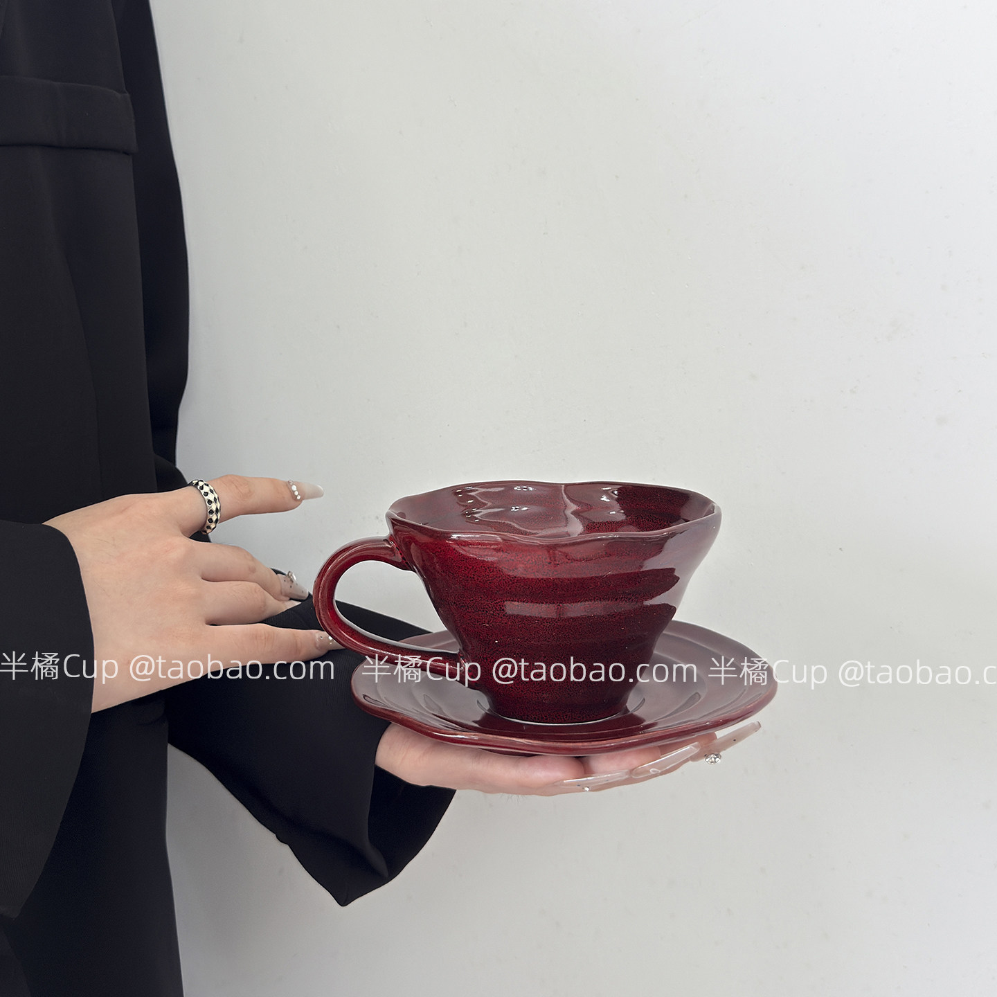 半橘Cup 港风复古红咖啡杯碟套装高级感拉花杯家用下午水杯伴手礼,餐饮具,咖啡杯,淘宝优惠券,粉丝福利购,淘宝优惠卷