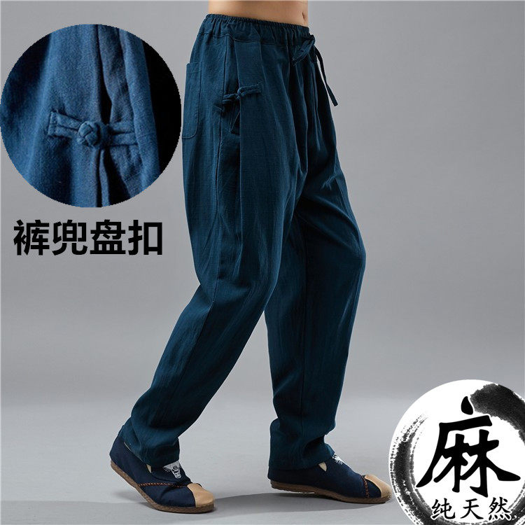 中国风春夏款棉麻裤兜盘扣松紧腰系绳宽松长裤休闲裤子男裤小脚裤