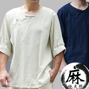 中国风旅游男士春夏打底中式斜襟盘扣亚麻翻袖中袖上衣衬衫宽松