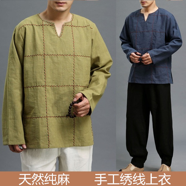 中国民族风春夏长袖男士宽松纯麻
