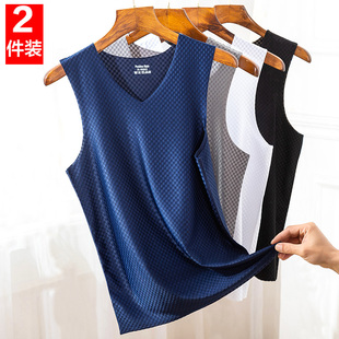 网格运动速干透气无袖 修身 t恤宽肩坎肩薄 无痕冰丝背心男士 2件夏季