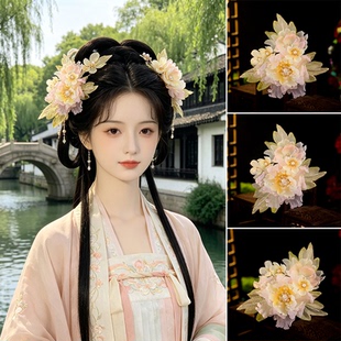 暖黄渐变金叶纱花发夹，汉服出游通勤温婉仙气成对侧边配饰