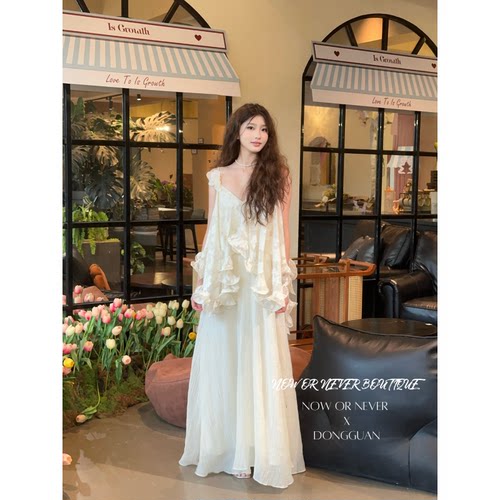 Freja 25春夏 提花手工花朵鱼丝花瓣型吊带连衣裙米色 品牌授权