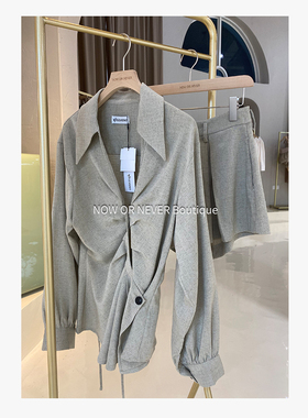 W11 STUDIO亚麻斜襟不规则气质v领长袖女士衬衫