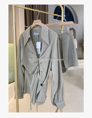 W11 STUDIO亚麻斜襟不规则气质v领长袖女士衬衫