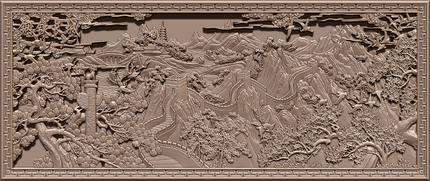 可定做成仿古砖雕挂件实物---钢铁长城精雕图浮雕图扫描图灰度图