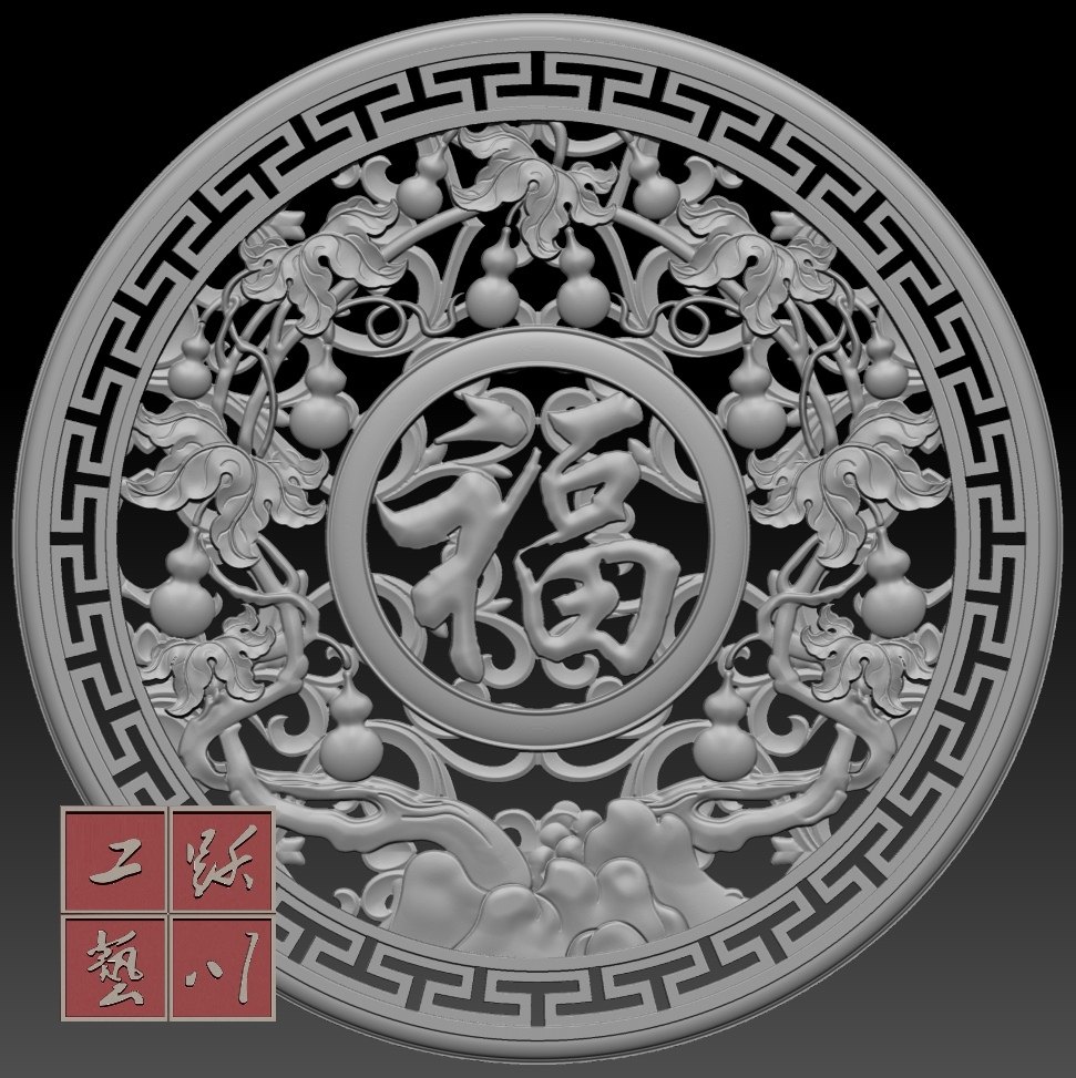 葫芦福圆形镂空窗  精雕图 灰度图 木雕图 砖雕图 中式挂件 贴图