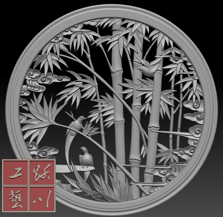 小竹子圆盘精雕图灰度图木雕图石雕图砖雕图雕刻素材