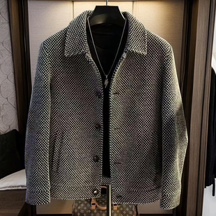 轻奢毛呢外套男短款翻领格子男士夹克韩版潮流男装