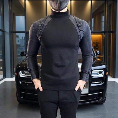 牛仔背带设计半高领长袖T恤男款硬汉风男装痞帅高级感男士打底衫