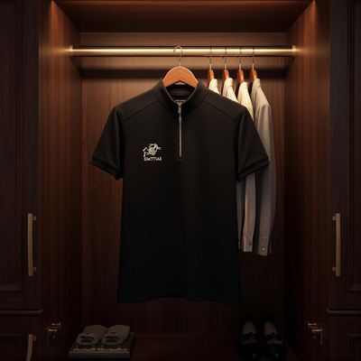 【男装】夏季新品半拉链立领重工刺绣肩颈拼接短袖T恤7017