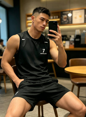 高档男士夏季新款美式休闲圆领无袖T恤时尚运动潮流背心男装7350Y