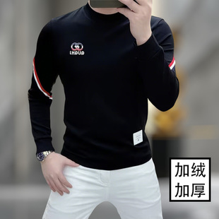 打底衫男秋冬新款个性字母刺绣修身弹力潮流半高领长袖T恤潮