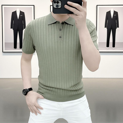 高档夏季老钱风翻领短袖针织POLO衫T恤男士时尚半袖体恤男装26313