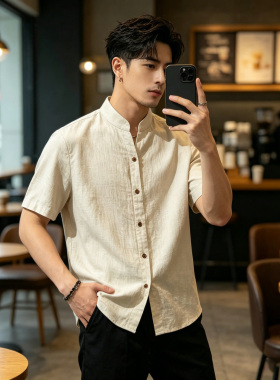 高档夏季男士时尚复古立领短袖衬衫休闲百搭半袖衬衣男装11595
