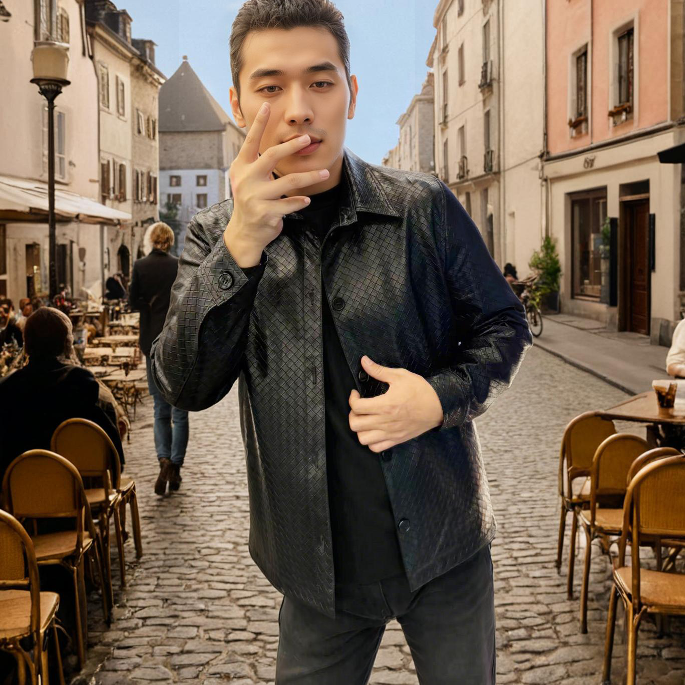 秋冬新版商务休闲男士翻领皮衣手工编织皮男短款黑色修身型百搭款