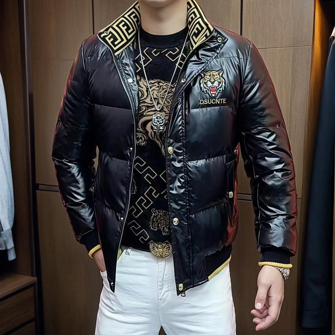 男士刺绣老虎款外套时尚潮流保暖亮面修身立领款羽绒服欧洲街秋冬