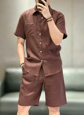 高端定制短袖翻领短裤老钱风男士休闲套装6718