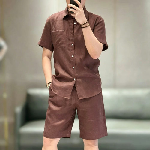 高端定制短袖翻领短裤老钱风男士休闲套装6718