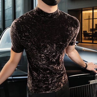 褶皱短袖男款T恤网红洋气炸街男装30-45岁上档次半高领丝绒打底衫