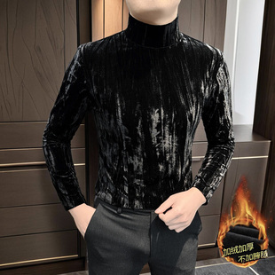 金丝绒男士打底衫爆款2025新款高级感男装半高领加绒长袖男款t恤