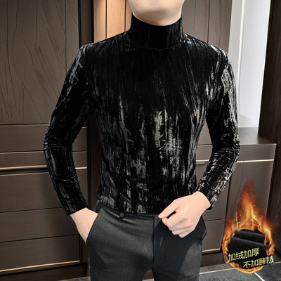 金丝绒男士打底衫爆款2025新款高级感男装半高领加绒长袖男款t恤