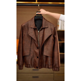 百搭帅气青年加绒加厚保暖休闲夹克 修身 新款 假两件PU皮衣外套男士