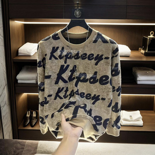 新款破洞亮片秋冬长袖加绒卫衣字母印花轻奢高定男款潮流百搭