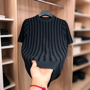【最大270斤可穿】条纹秋季圆领针织半袖男士休闲宽松短袖毛衣