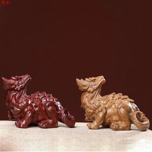 小叶紫檀绿檀木雕白泽祥瑞神兽摆件手把件供奉车内中控家居装饰品