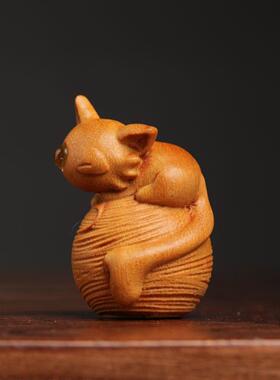 木雕猫咪宠物摆件手工猫戏球可爱简约招财手把件文玩随身盘玩动物