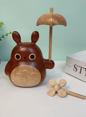木质手工实木工艺品动物卡通网红大龙猫桌面摆件 搭配雨伞风车