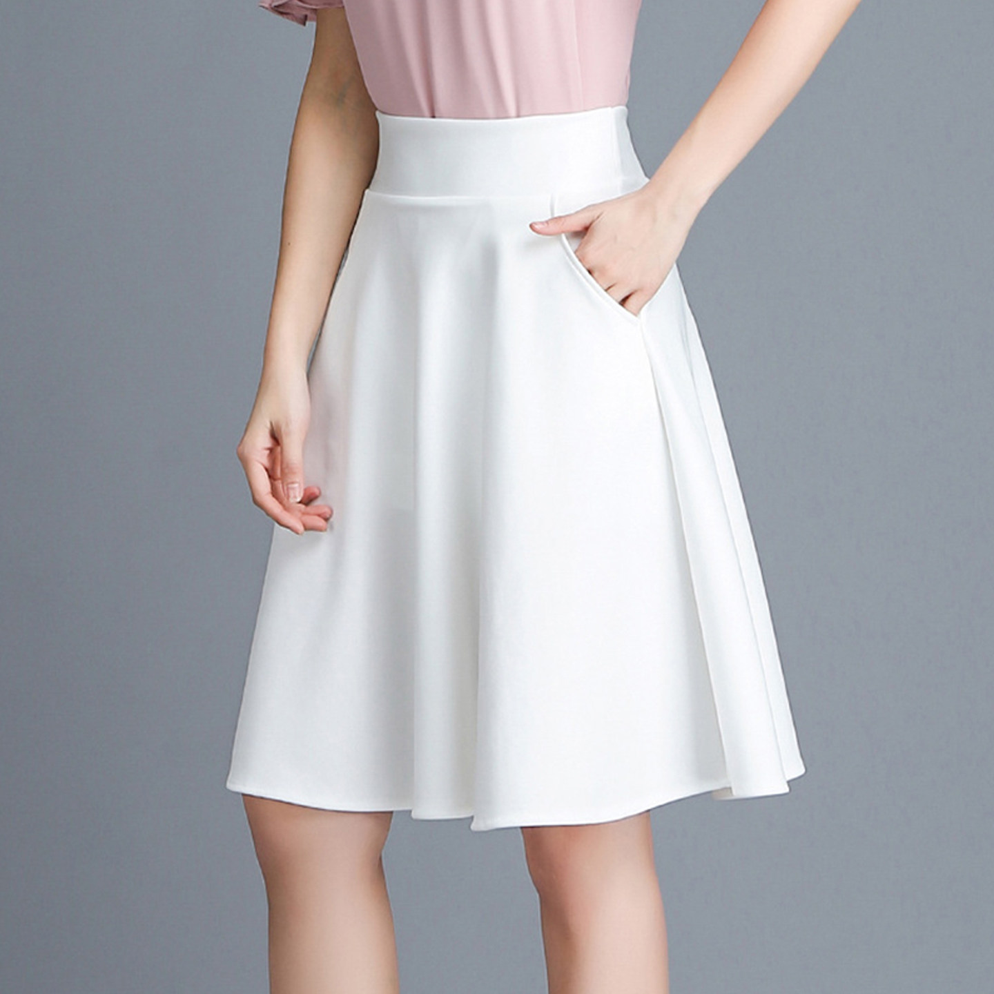 白色口袋半身裙女春夏季高腰显瘦遮胯A字裙防走光大码广场舞伞裙