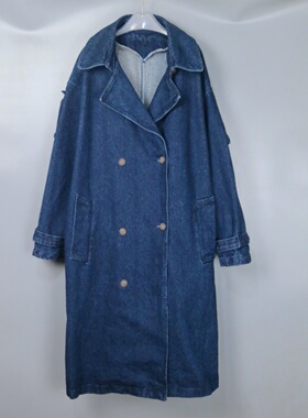 Vintage 古着正品中古春秋季深蓝色牛仔工装简约中长款风衣外套