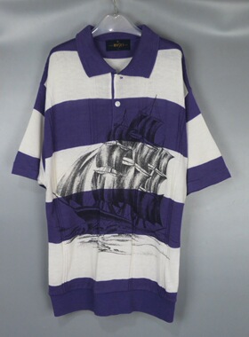 Vintage 古着正品moses夏季90年代日本紫色条纹帆船棉麻短袖衬衫