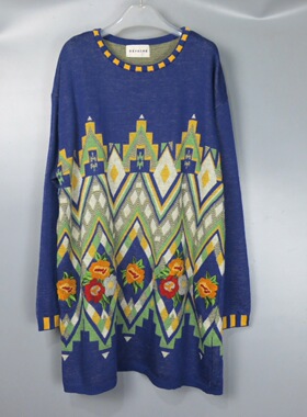 Vintage古着正品中古90s日本蓝色几何花卉提花钩花针织衫羊毛毛衣