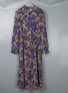 Vintage 古着正品80s中古日本紫色花色秋冬季长袖羊毛连衣裙