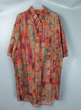 Vintage古着正品中古90s日本夏季红色印花棉麻宽松夏威夷短袖衬衫