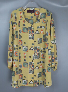 Vintage 古着正品中古日本90年代浅黄色几何印花无领七分袖衬衫