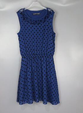 Vintage 古着正品中古90年代深蓝色波点圆点无袖松紧中长款连衣裙
