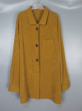 Vintage 古着正品中古日本土黄色纯色纯色暗扣垂感宽松长袖衬衫