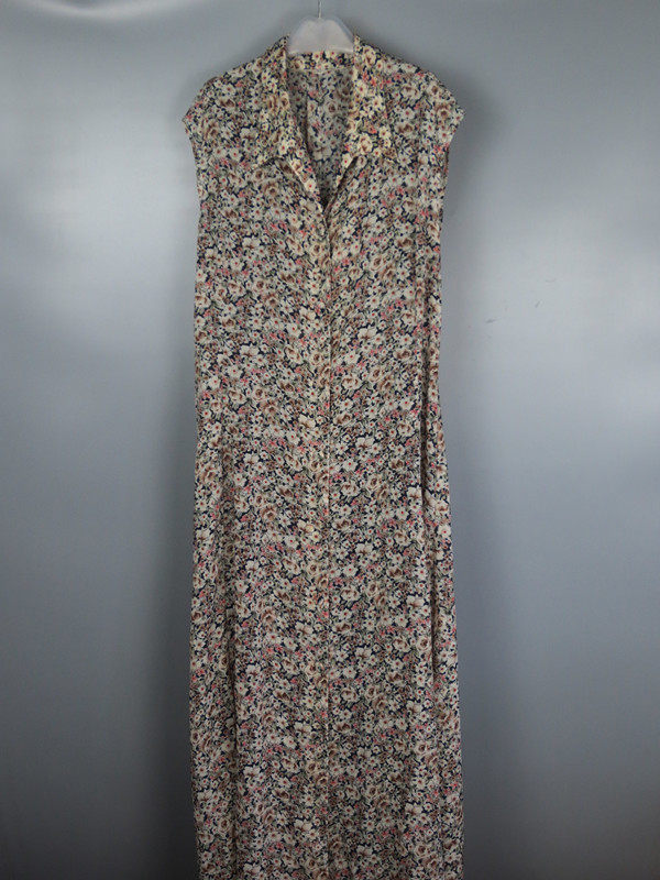 vintage 古着80年代中古小碎花单排扣系带文艺淑女无袖长款连衣裙