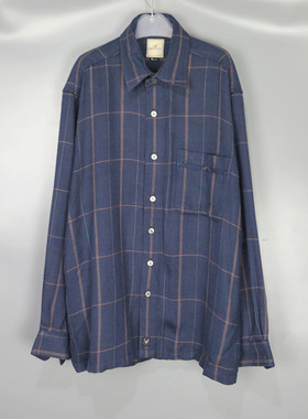 Vintage 古着正品中古春秋季日系工装深蓝色条纹格子羊毛长袖衬衫