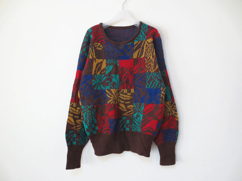 Vintage 古着秋冬季撞色方巾中古波普花卉提花女款圆领羊毛毛衣