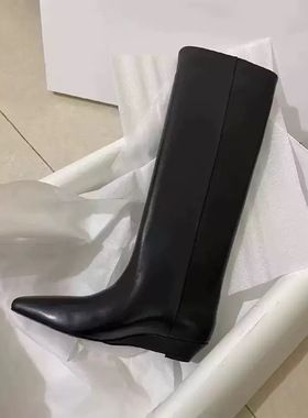 牛皮版~坡跟黑色长筒靴骑士靴女2026新款尖头不过膝高筒靴丑丑靴